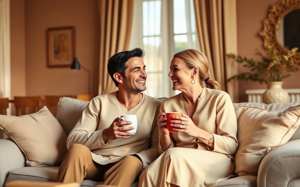 Un couple rit ensemble autour d'un café dans son salon